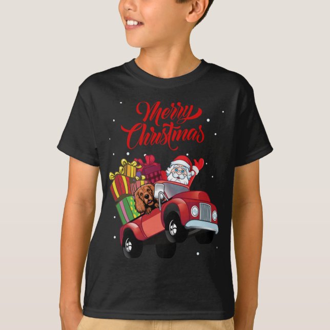 Cocker Spaniel With Santa Claus In Red Truck Dog T-Shirt (Front)