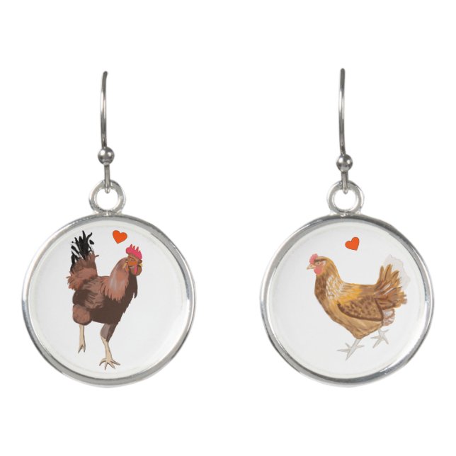 Cockerel and Chicken Funny Valentine’s Earrings (Front)