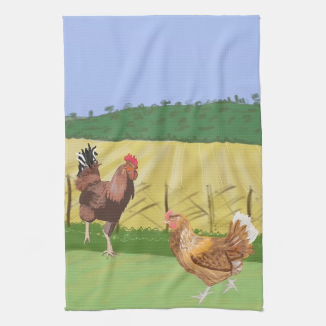 Cockerel and Chicken Kitchen Towel (Vertical)
