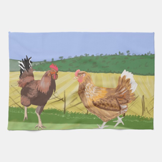 Cockerel and Chicken Kitchen Towel (Horizontal)