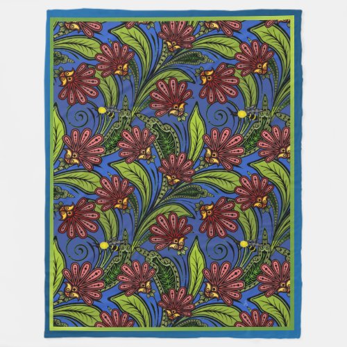 Cockscomb and BumbleBee Vibrant Blue Green Rose Fleece Blanket