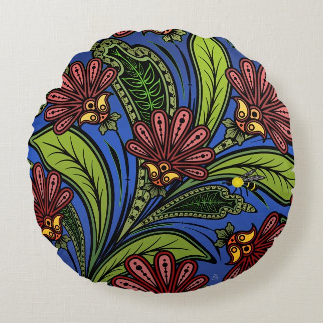Cockscomb and BumbleBee Vibrant Blue, Green, Rose Round Pillow (Front)