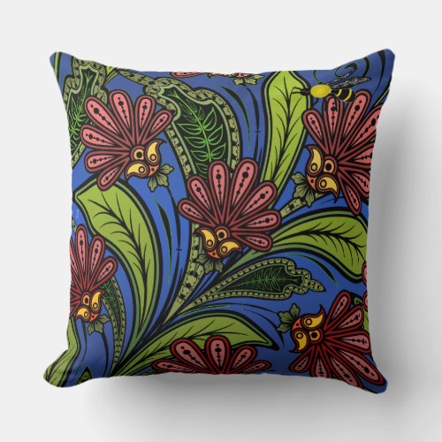 Cockscomb and BumbleBee Vibrant Blue Green Rose Throw Pillow