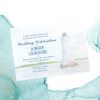 Cockspur Lighthouse Watercolor Wedding Invitation