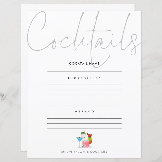 Cocktail Add Your Own Recipe Page Sheet (Front/Back)