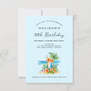 Cocktail and Exotic Flower On Blue Birthday Invitation
