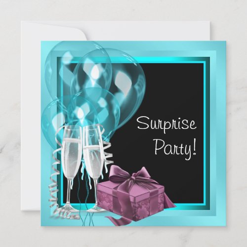 Cocktail Balloon Teal Blue Surprise Birthday Party Custom Invite