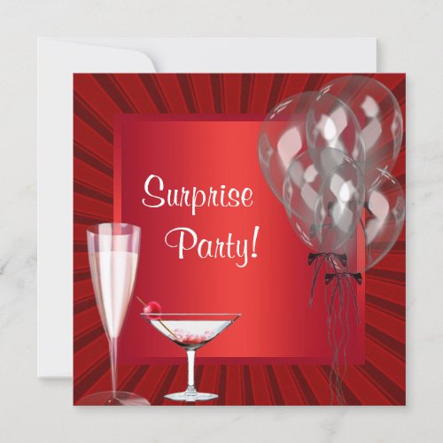 Cocktail Balloons Red Surprise Birthday Party Custom Invites