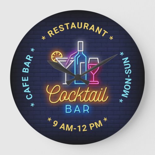 Cocktail Bar Neon Look Illustration Custom Text L Large Clock