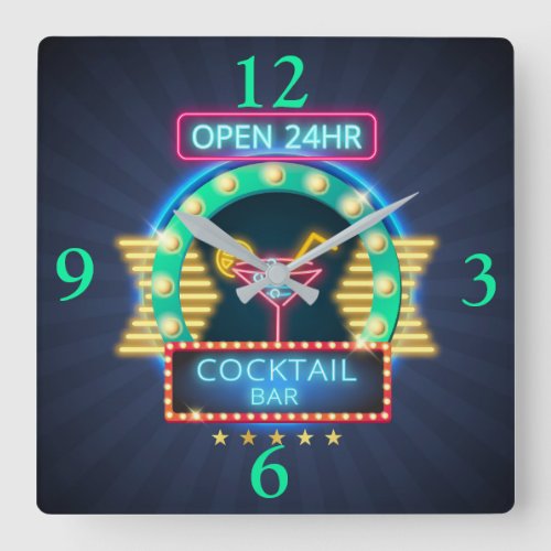 Cocktail Bar Neon Sign Square Wall Clock