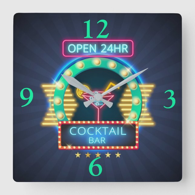 Cocktail Bar Neon Sign Square Wall Clock (Front)