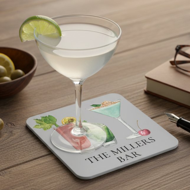  Cocktail Bar Watercolor Drinks Personalized  Beverage Coaster (Creator Uploaded)
