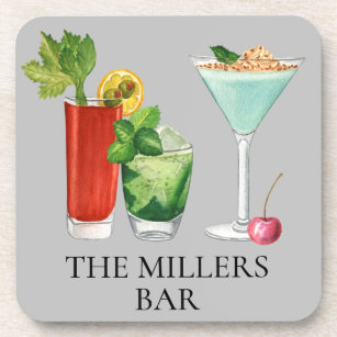  Cocktail Bar Watercolor Drinks Personalized  Beverage Coaster