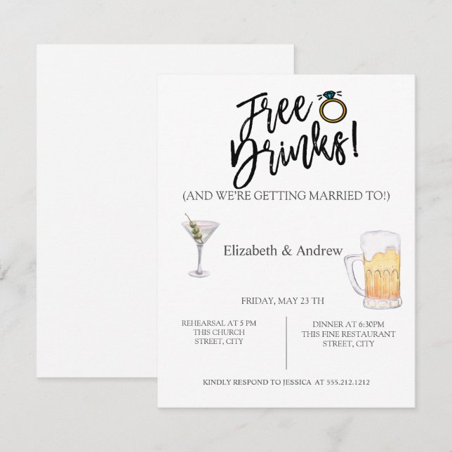 Cocktail,Beer,Free Drinks Rehearsal Dinner  Invitation (Front/Back)