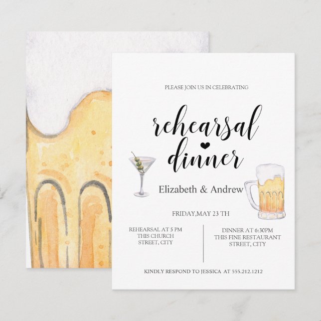 Cocktail,Beer Rehearsal Dinner Invitation (Front/Back)
