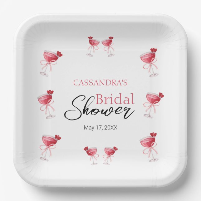 Cocktail Beverage Pink Bow Bridal Shower Paper Plates (Front)