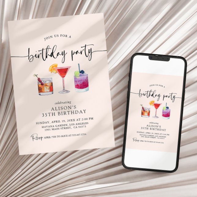 Cocktail Birthday Party Calligraphy Invitation (Creator Uploaded)