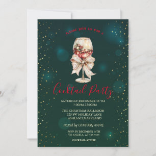 Cocktail Bow Stars Green Christmas Party Invitation