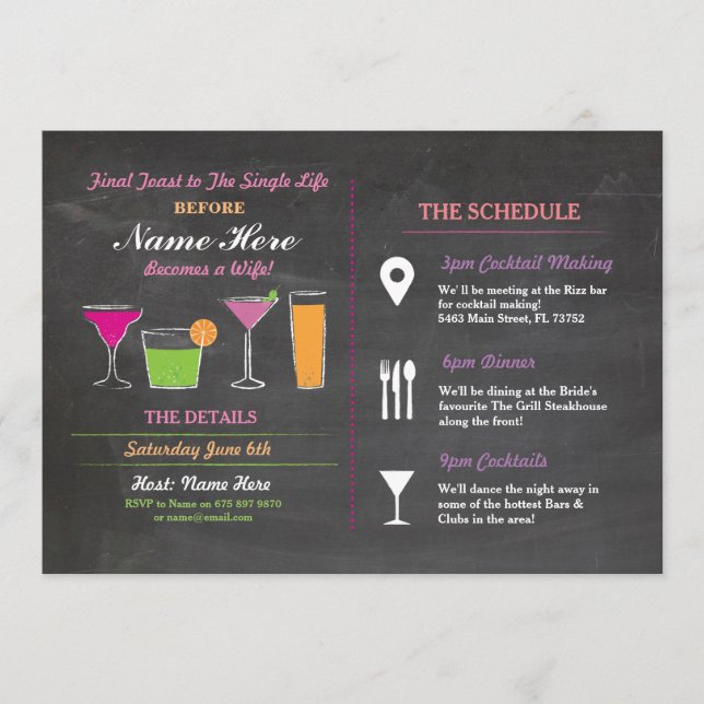 Cocktail Bridal Shower Itinerary Bachelorette Program (Front)