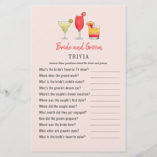 Cocktail Bride and Groom shower Trivia games