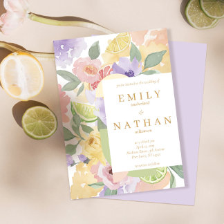 Cocktail & Citrus Fruit Wedding Watercolor Florals Invitation