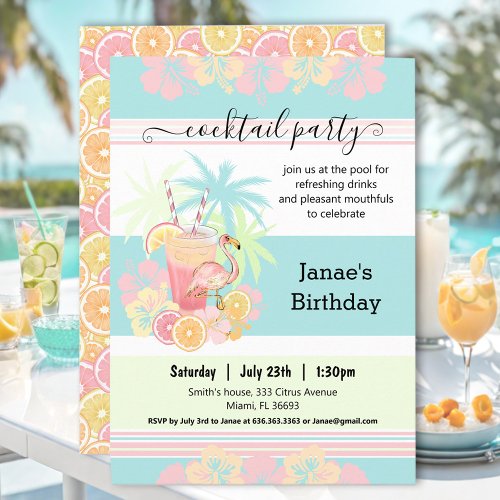Cocktail Citrus Summer Pool Party Beach Tropical Invitation