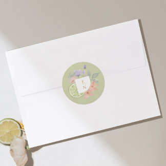 Cocktail Citrus Watercolor Floral Wedding Monogram Classic Round Sticker