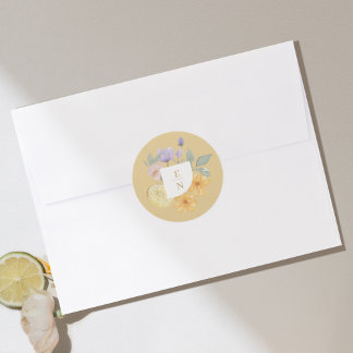 Cocktail Citrus Watercolor Floral Wedding Monogram Classic Round Sticker