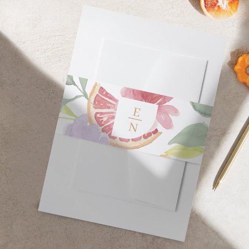 Cocktail Citrus Watercolor Floral Wedding Monogram Invitation Belly Band