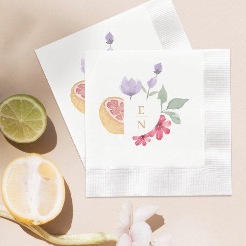 Cocktail Citrus Watercolor Floral Wedding Monogram Napkins