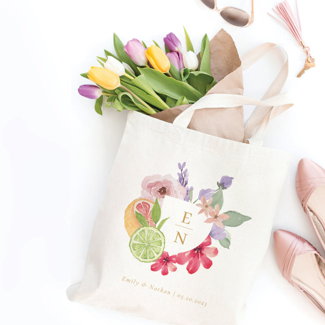 Cocktail Citrus Watercolor Floral Wedding Monogram Tote Bag