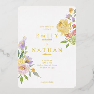 Cocktail Citrus Wedding Watercolor Floral Paradise Foil Invitation