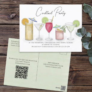 Cocktail Drink QR Code Party Website Pre Addressed Postcard