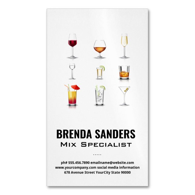Cocktail Drinks | Bartender Business Card Magnet (Front Vertical)