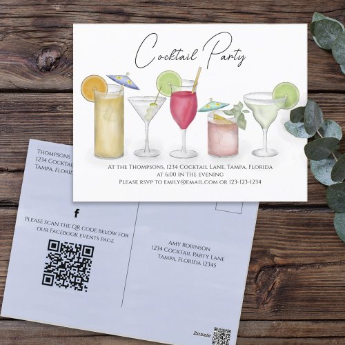 Cocktail Drinks QR Code Social Media Pre Addressed Postcard