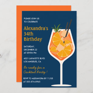 Cocktail Elegant Navy blue 34th birthday Invitation
