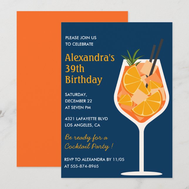 Cocktail Elegant Navy blue 39th birthday Invitation (Front/Back)
