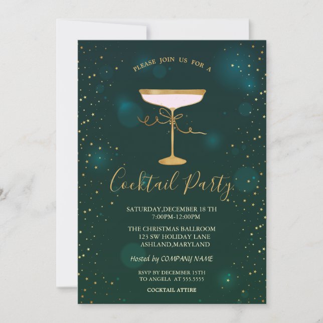 Cocktail Glass  Stars Green Christmas Party  Invitation (Front)
