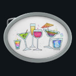 COCKTAIL GLASSES BELT BUCKLE<br><div class="desc">COCKTAIL UP! A bar full of the various cocktail glasses filled with a party full of drinks in a rainbow of colors in a whimsical and colorful style. 3 Variations of the design give you a multitude different gift choices.</div>