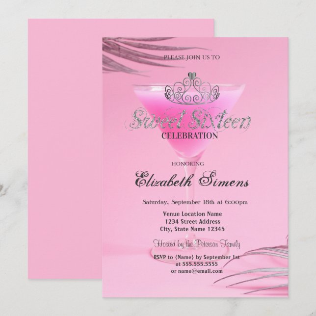 Cocktail Gold Tiara Pink Sweet 16 Invitation (Front/Back)