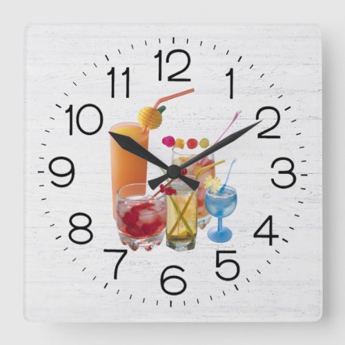 Cocktail Happy Hour On Wood Square Wall Clock