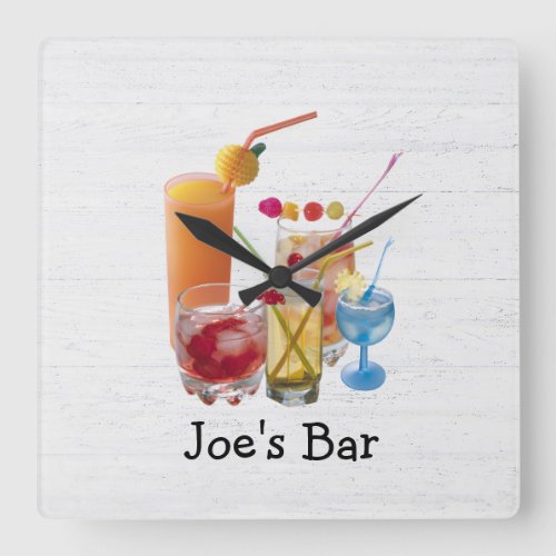 Cocktail Happy Hour On Wood Square Wall Clock