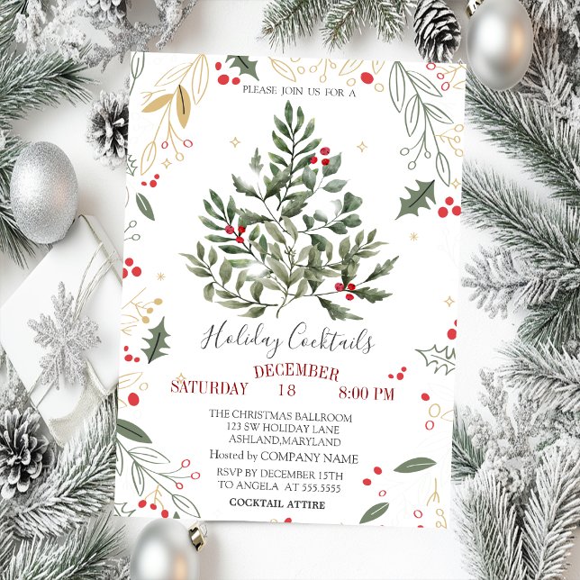  Cocktail Holly Pine Tree Branches Christmas  Invitation (Creator Uploaded)