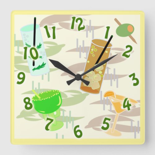 Cocktail Hour Fun Beverage Pattern Art Square Wall Clock