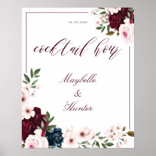 Cocktail Hour Watercolor Burgundy Navy Floral Poster