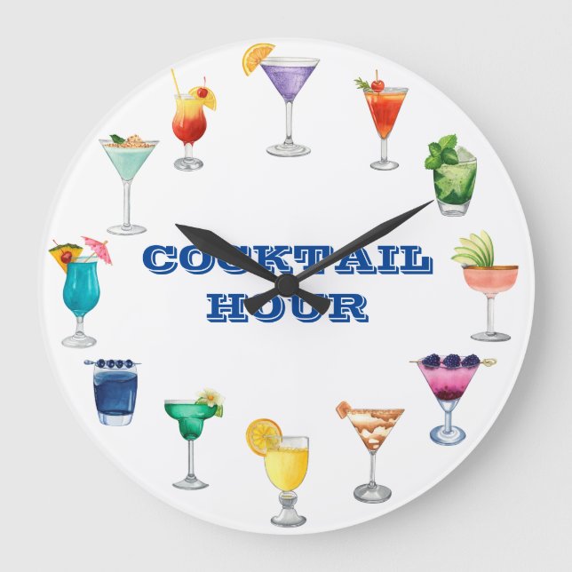 Cocktail Hour Watercolor Drinks  martini  Large Clock (Front)