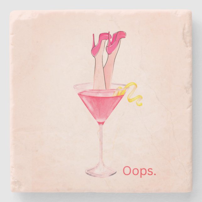 Cocktail Humor Illustration, Pink Bar Cart, Girly  Stone Coaster (Front)