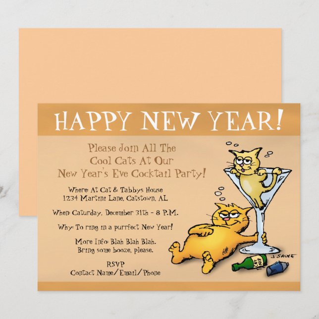 Cocktail Kittens Gold New Year Party Invitation (Front/Back)
