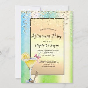 Cocktail Lemon Gold Confetti Green Retirement Invitation