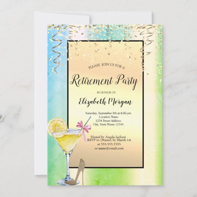 Cocktail Lemon Gold Confetti Green Retirement  Invitation (Front)